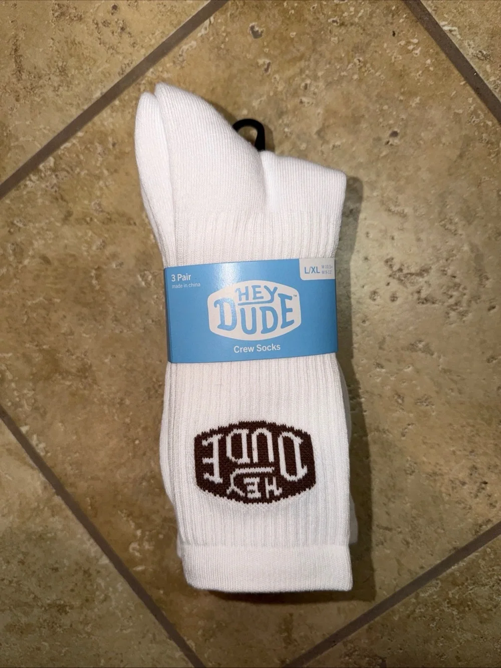 Hey Dude White Crew Athletic Socks with Brown Logo - 3 Pack